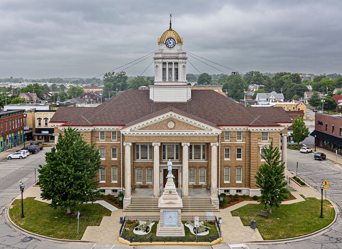 Jasper, IN - Aerial View of Dubois County Courthouse on a Cloudy Day